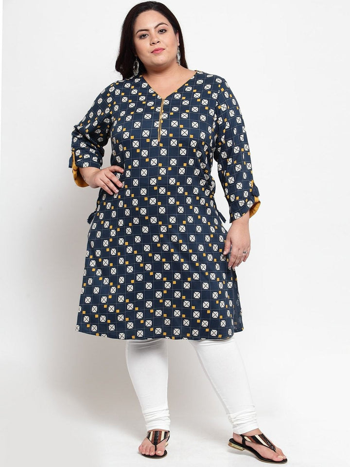 plusS Women Blue  White Geometric Printed Straight Kurta