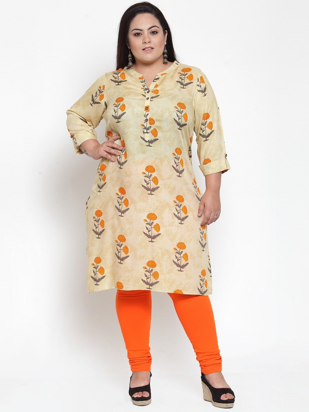 plusS Women Beige  Orange Floral Printed Straight Kurta