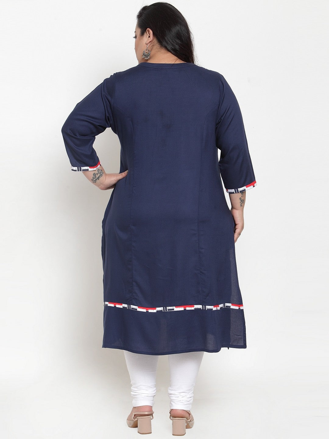 plusS Women Navy Blue  Red Yoke Design Straight Kurta