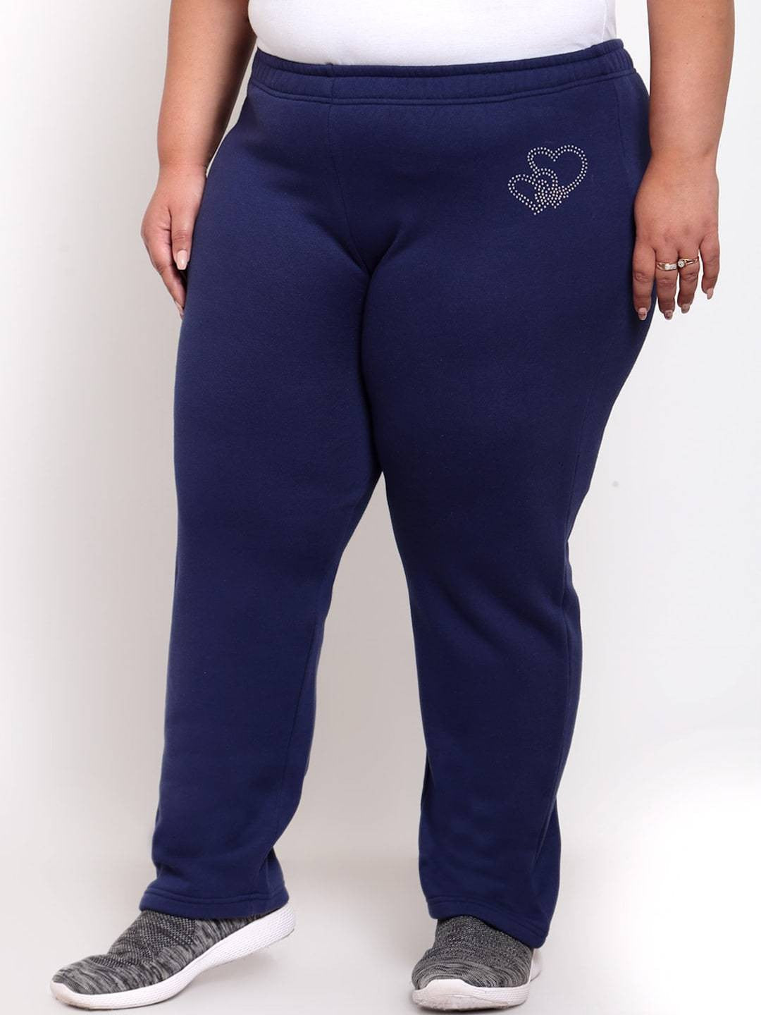 Plus Size Navy Blue Solid Cotton Straight-Fit Track Pants