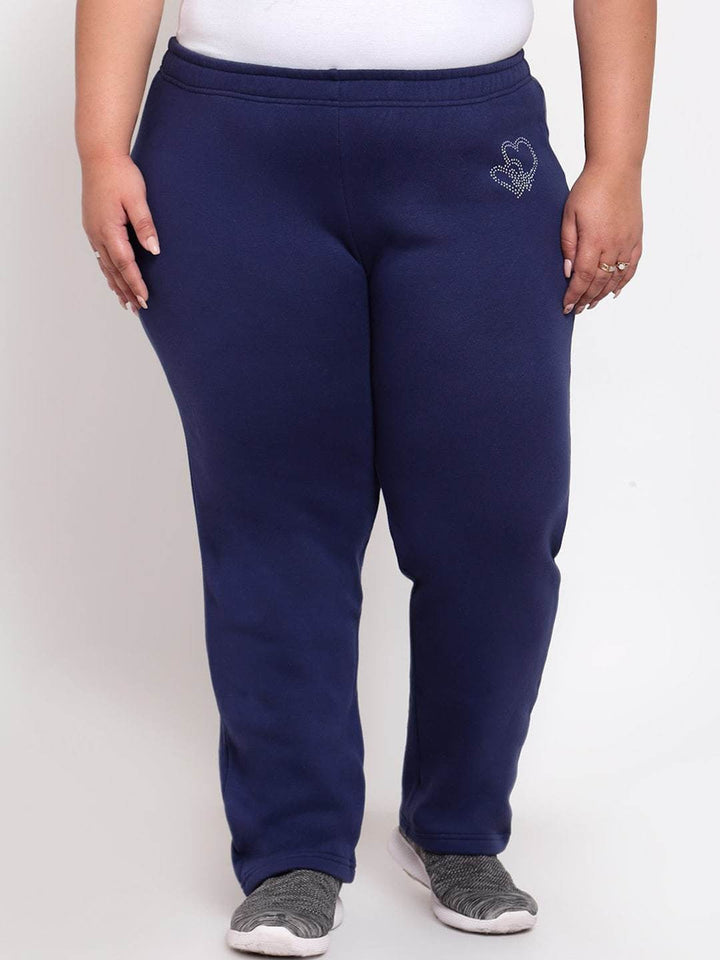 Navy Blue Solid Cotton Straight-Fit Track Pants