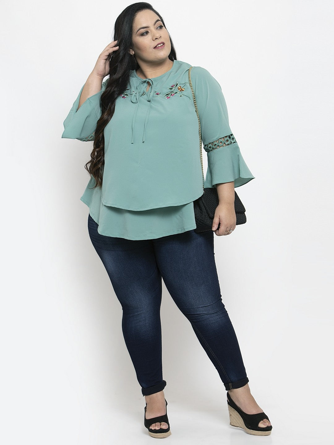 plusS Women Sea Green Self Design Top