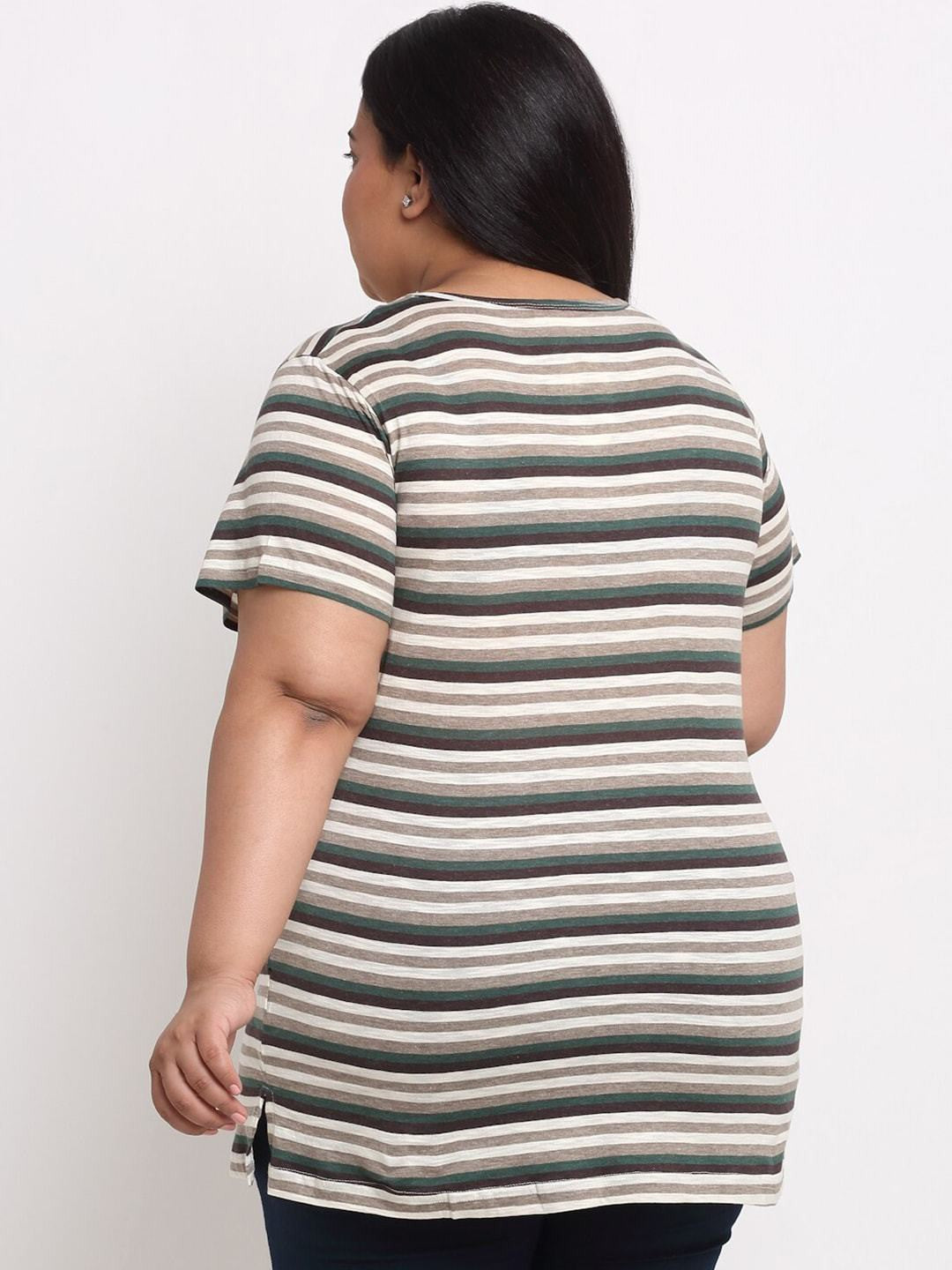 plusS Women Multicoloured Striped Extended Sleeves Monochrome T-shirt