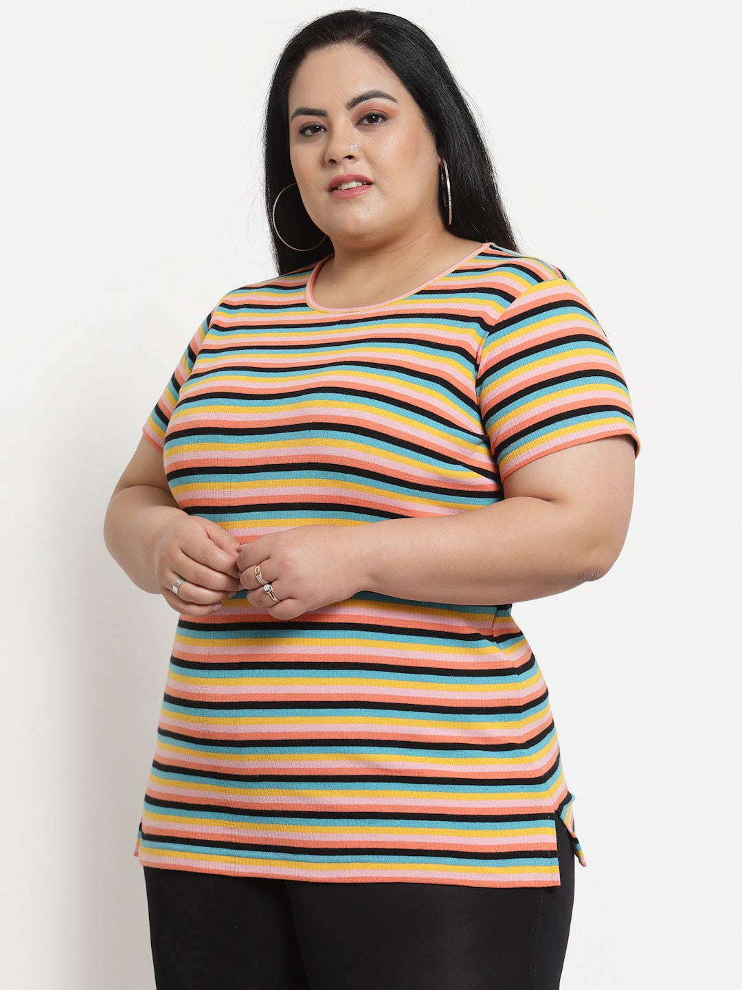 plusS Plus Size Women Multicoloured Striped Cotton T-shirt