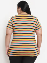plusS Plus Size Women Multicoloured Striped Cotton T-shirt