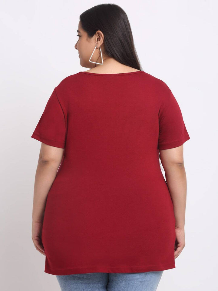 plusS Plus Size Maroon Graphic Print Longline Cotton T-shirt