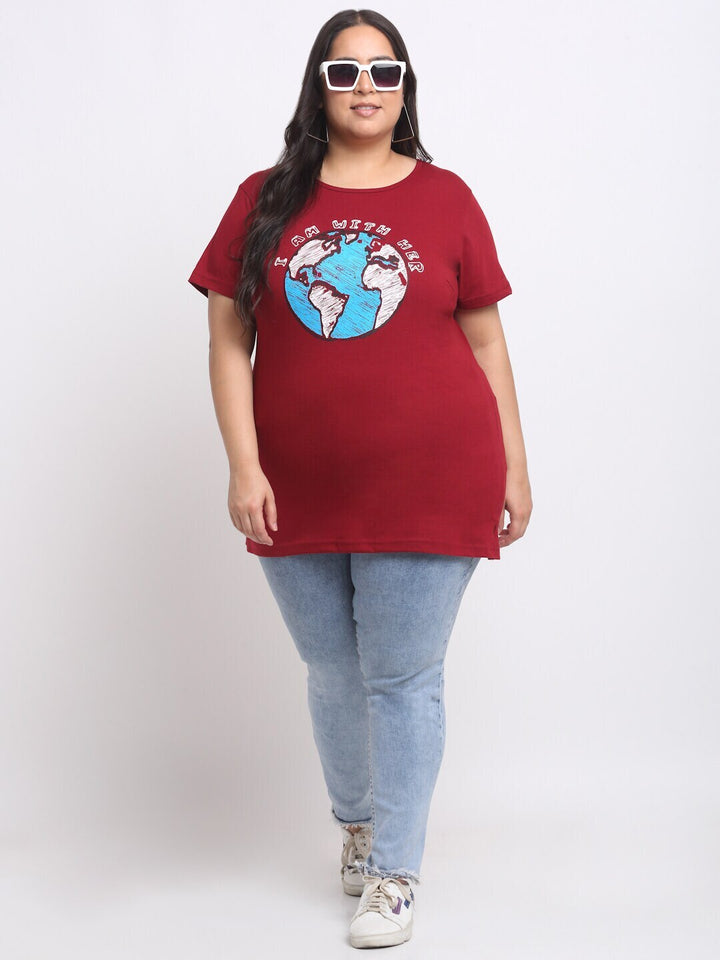 plusS Plus Size Maroon Graphic Print Longline Cotton T-shirt