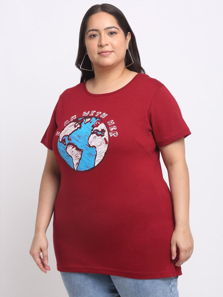 plusS Plus Size Maroon Graphic Print Longline Cotton T-shirt