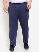 plusS Men Navy Blue Solid Cotton Straight-Fit Track Pants