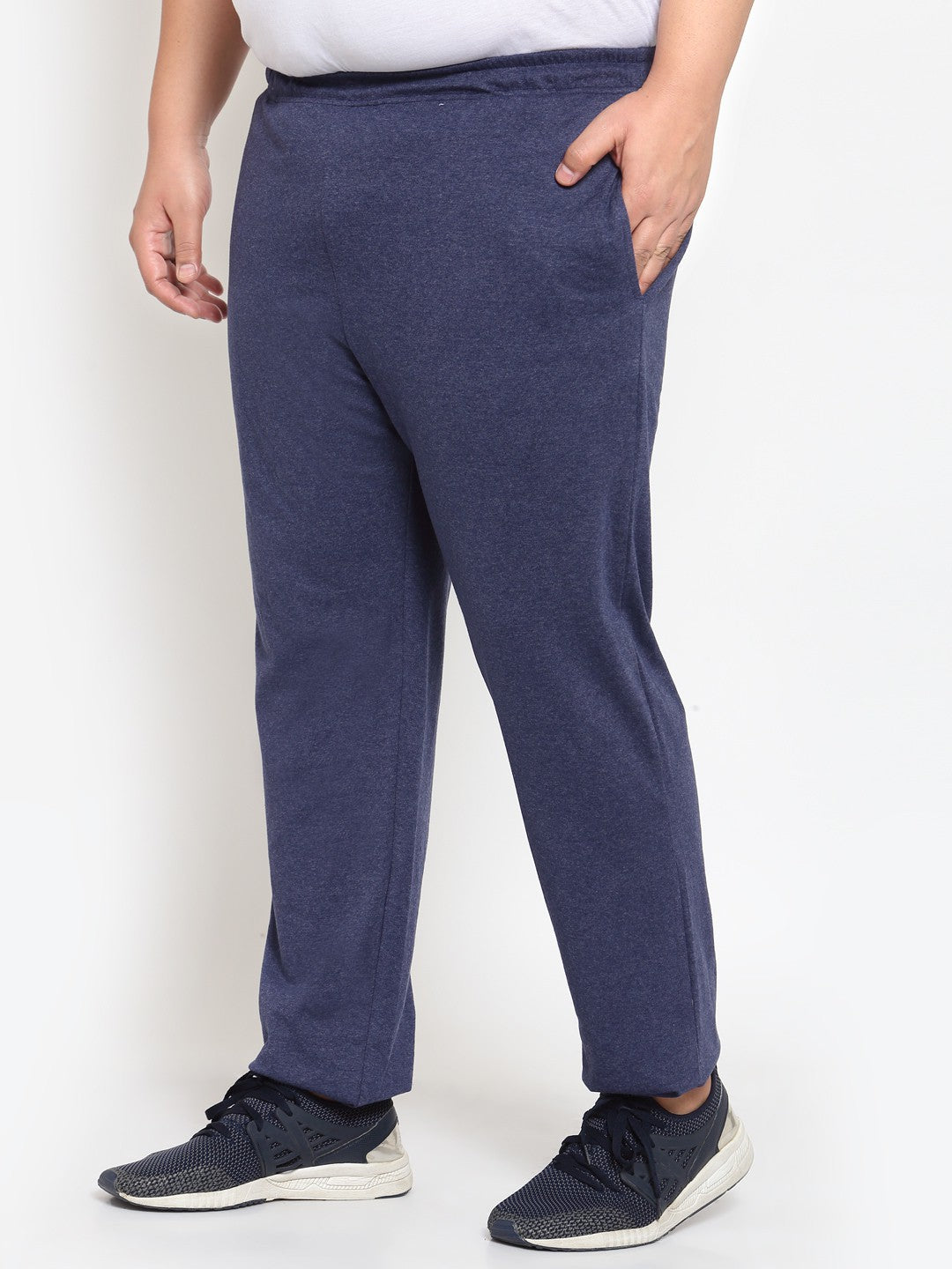 plusS Men Navy Blue Solid Cotton Straight-Fit Track Pants