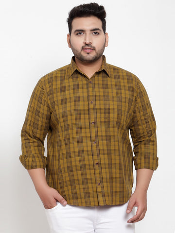 plusS Men Mustard Yellow Regular Fit Checked Casual Shirt