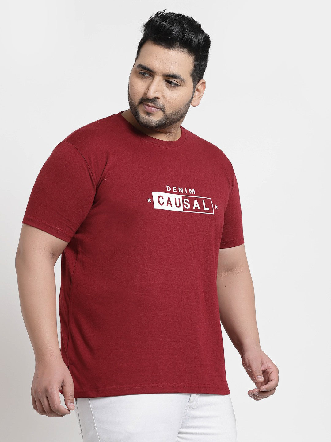 plusS Men Plus Size Maroon  White Printed Pure Cotton T-shirt