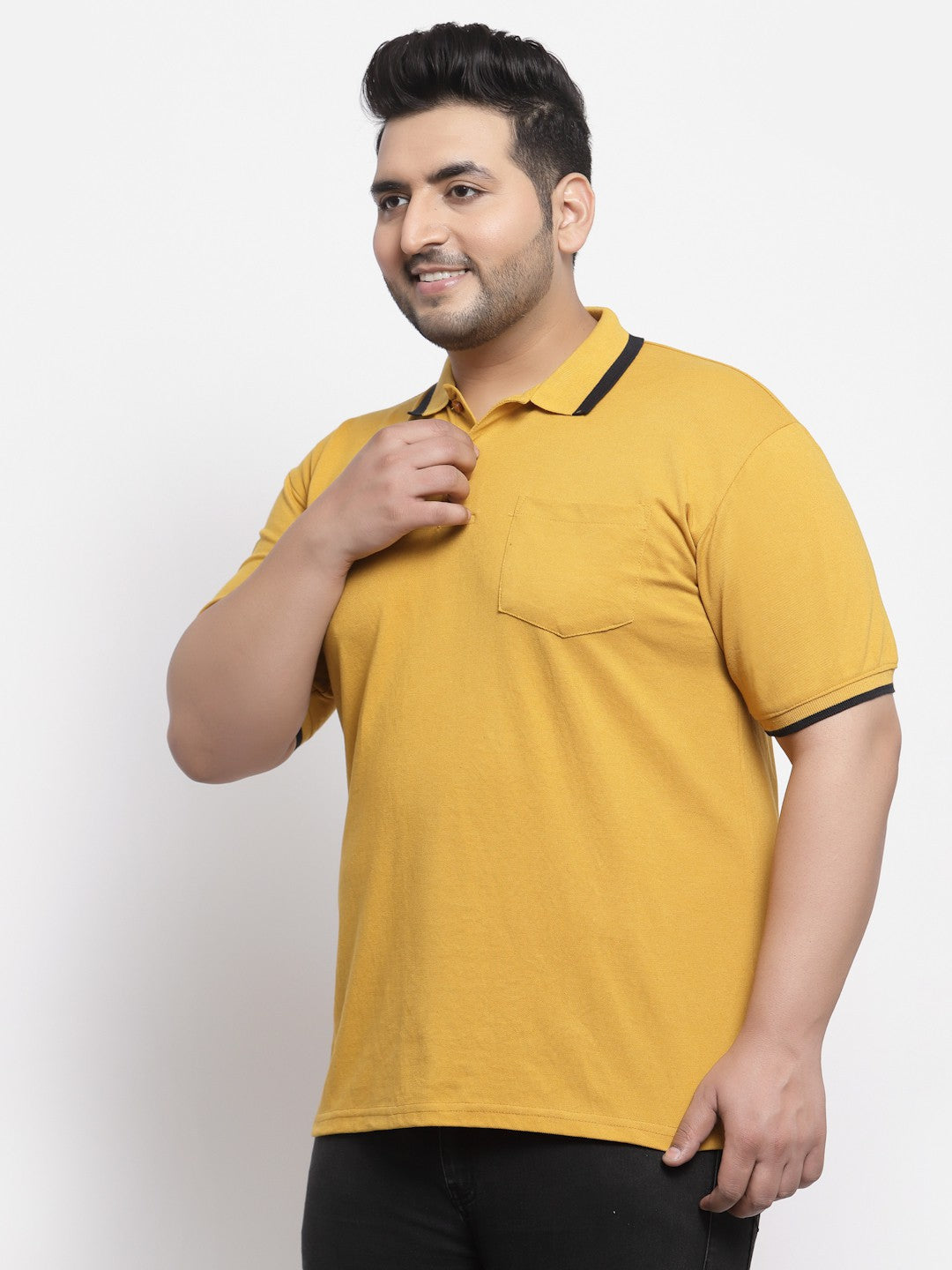 plusS Men Plus Size Mustard Yellow Polo Collar Drop-Shoulder Sleeves Cotton T-shirt