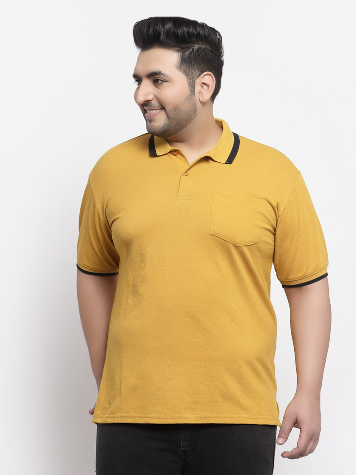 plusS Men Plus Size Mustard Yellow Polo Collar Drop-Shoulder Sleeves Cotton T-shirt