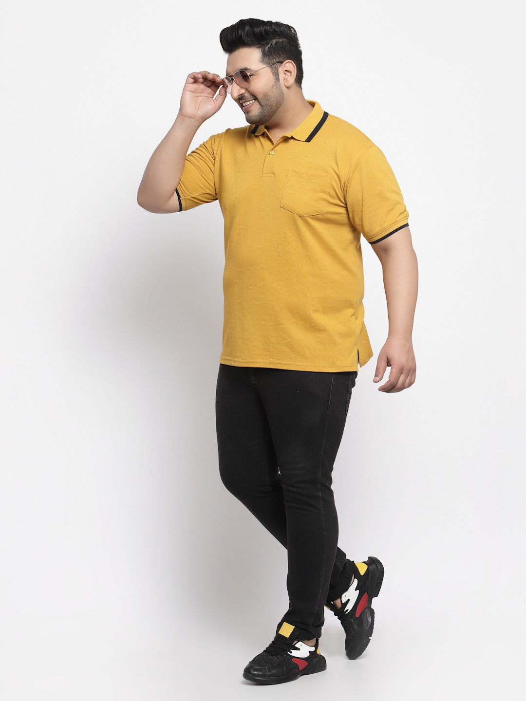 plusS Men Plus Size Mustard Yellow Polo Collar Drop-Shoulder Sleeves Cotton T-shirt