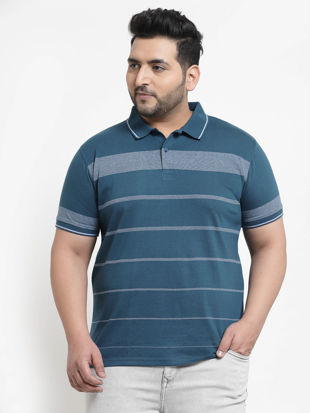 plusS Men Plus Size Teal Striped Pure Cotton T-shirt