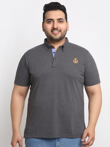 plusS Grey Polo Collar Short Sleeves Cotton T-Shirt