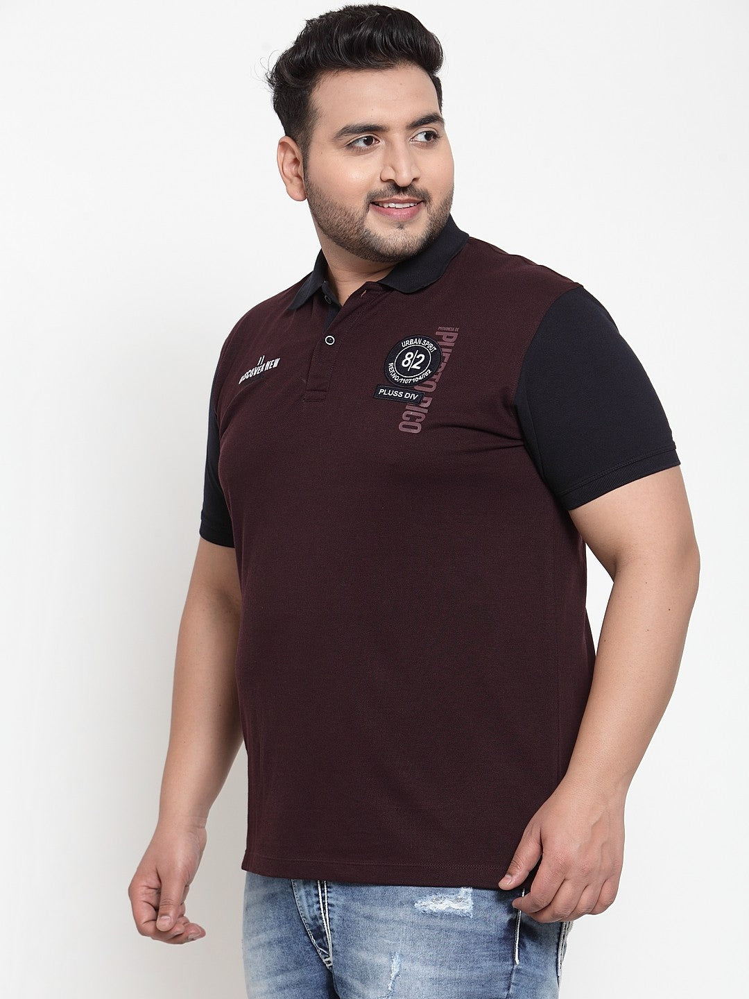 plusS Men Burgundy Colourblocked Polo Collar T-shirt