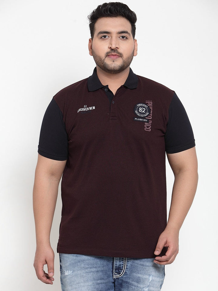 plusS Men Burgundy Colourblocked Polo Collar T-shirt