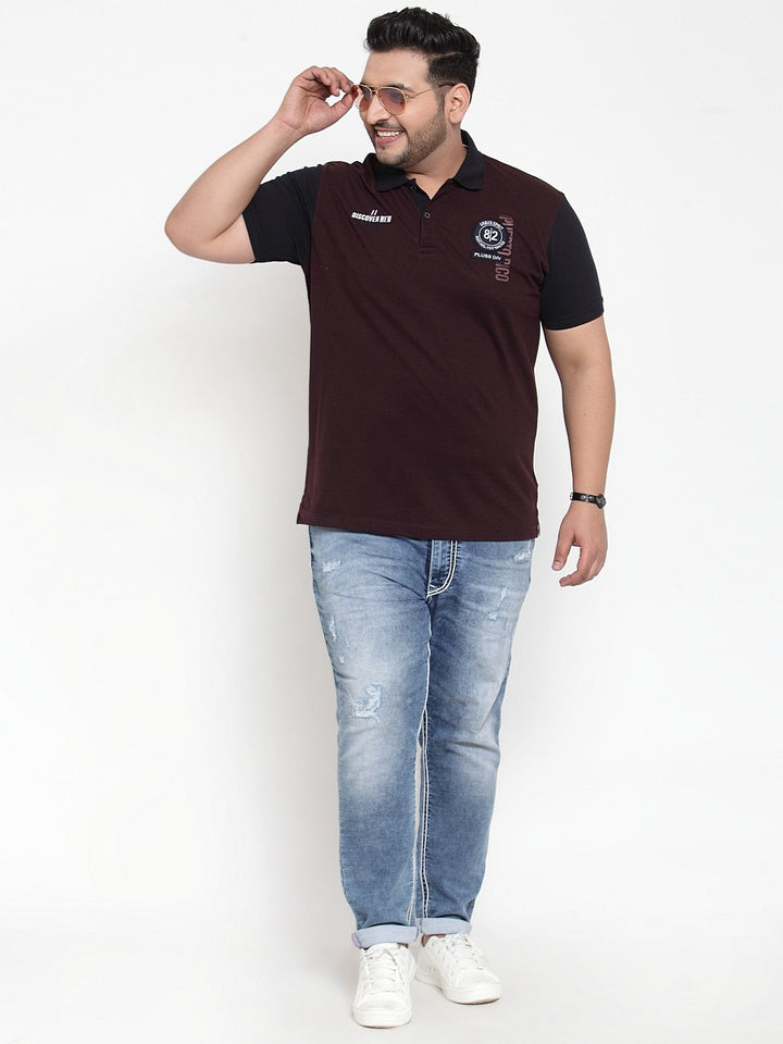 plusS Men Burgundy Colourblocked Polo Collar T-shirt