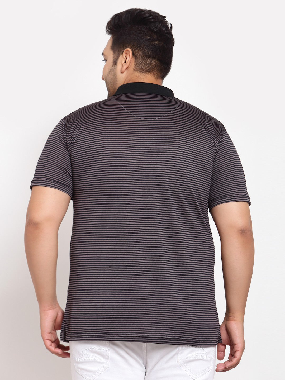 plusS Men Grey Striped Polo Collar Cotton T-shirt