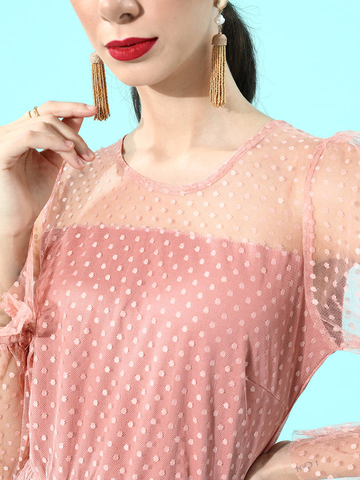 plusS Women Pretty Pink Polka-Dotted Ruched Dress