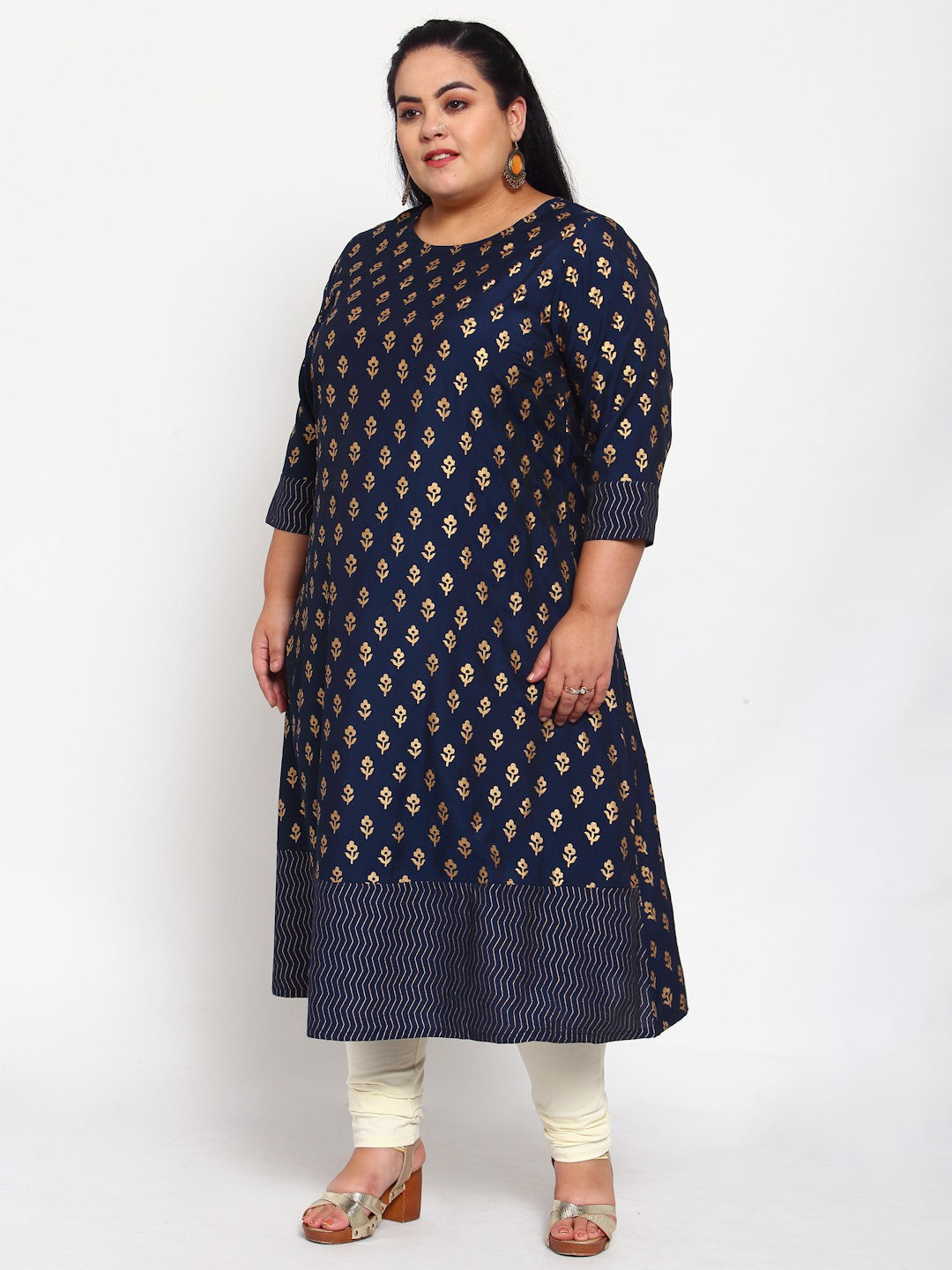 plusS Women Navy Blue  Gold-Toned Floral Printed Kurta