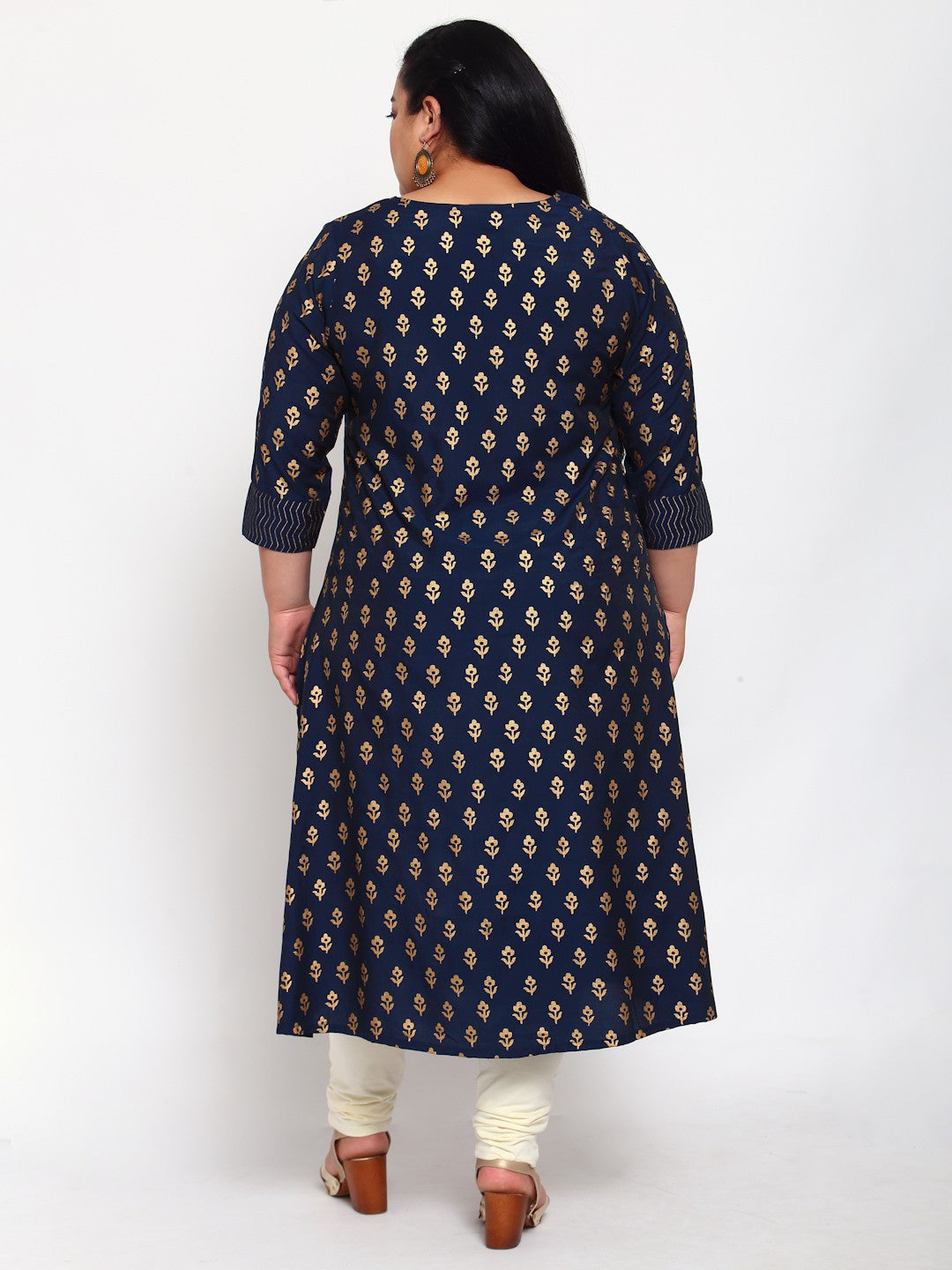 plusS Women Navy Blue  Gold-Toned Floral Printed Kurta