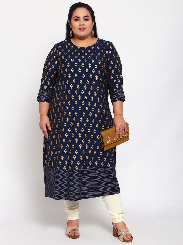 plusS Women Navy Blue  Gold-Toned Floral Printed Kurta