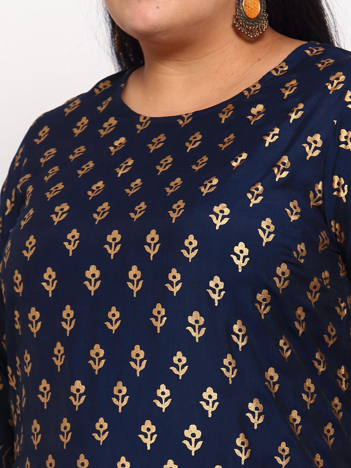 plusS Women Navy Blue  Gold-Toned Floral Printed Kurta