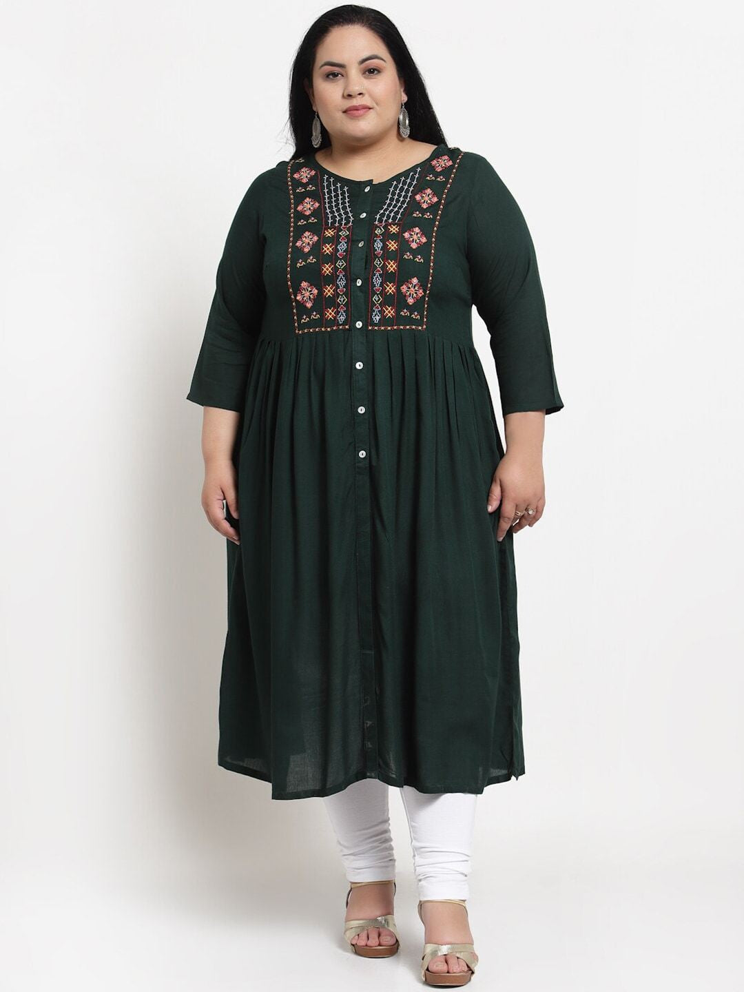 plusS Women Green Flared Sleeves Thread Work Kurta