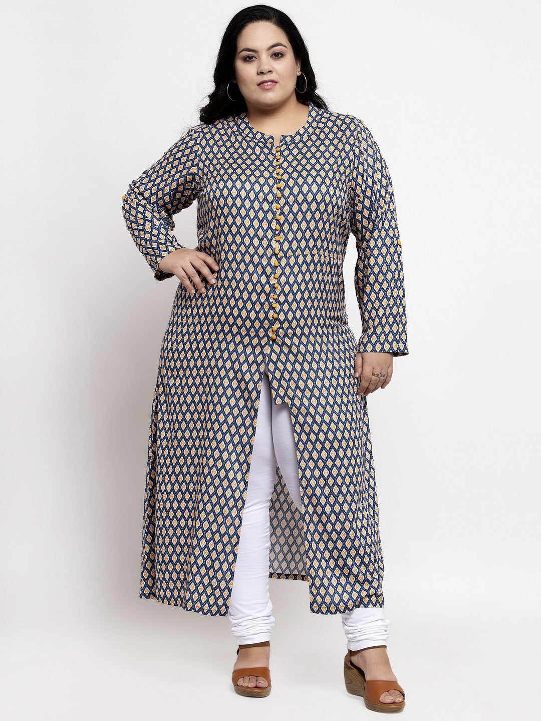 Yellow Printed A-Line Kurta