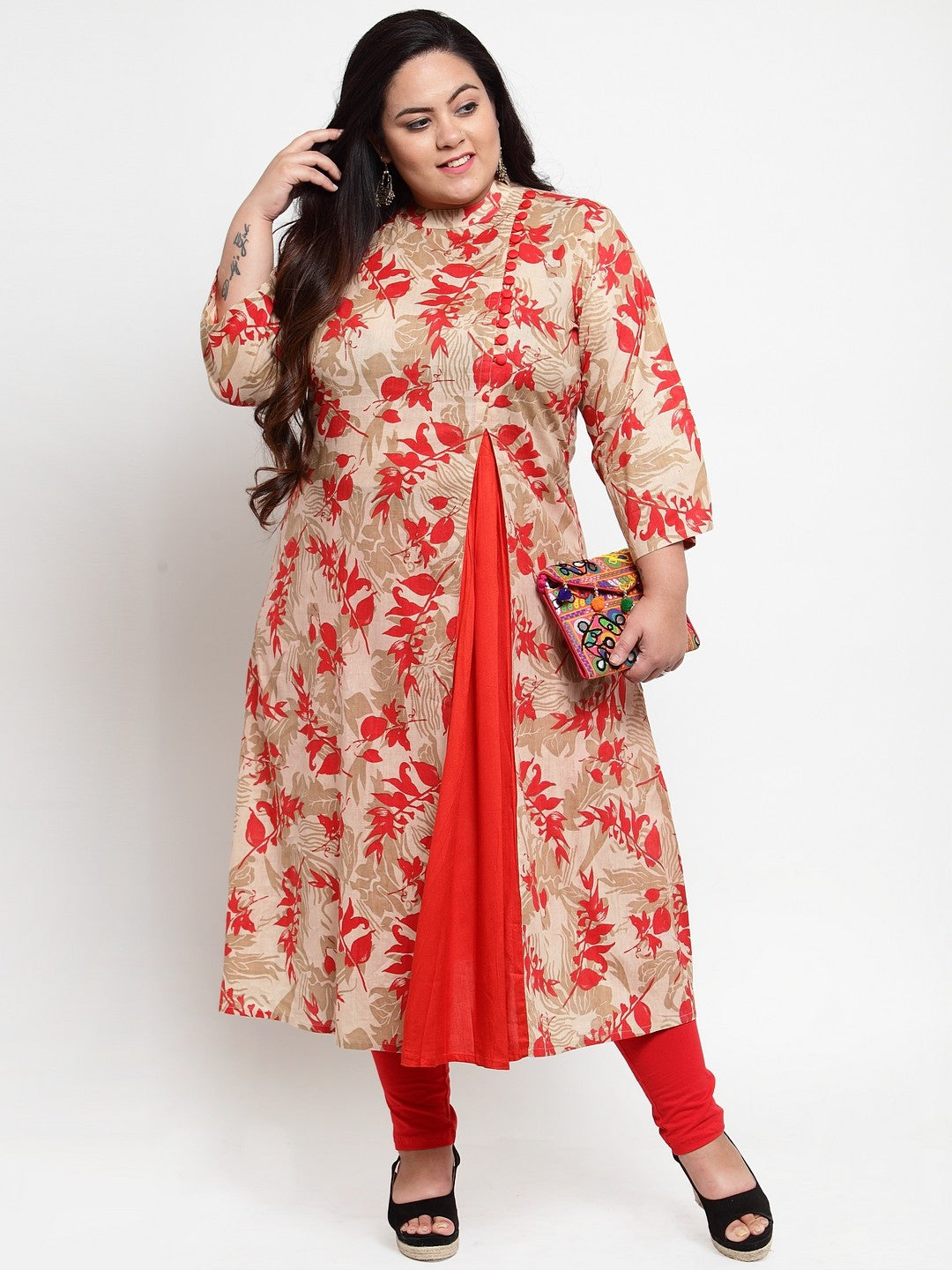 plusS Women Beige  Red Floral Printed A-Line Kurta