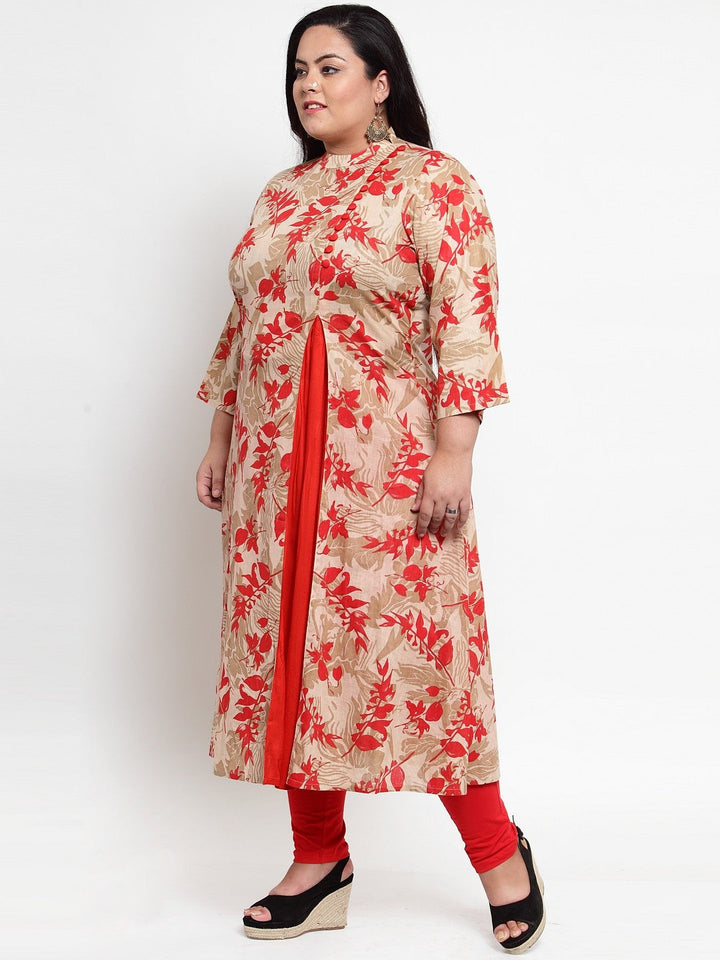 plusS Women Beige  Red Floral Printed A-Line Kurta