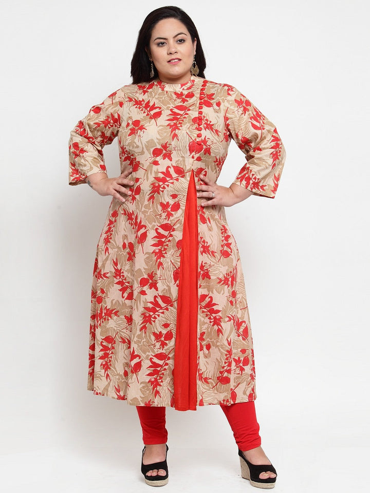 plusS Women Beige  Red Floral Printed A-Line Kurta