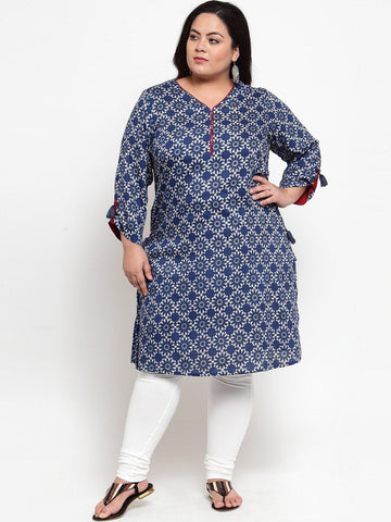 plusS Women Blue Geometric Printed Thread Work Kurta