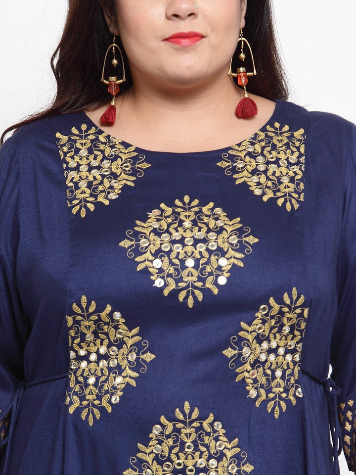 plusS Women Navy Blue Embroidered A-Line Kurta