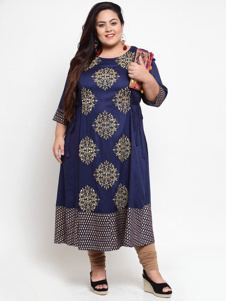 plusS Women Navy Blue Embroidered A-Line Kurta