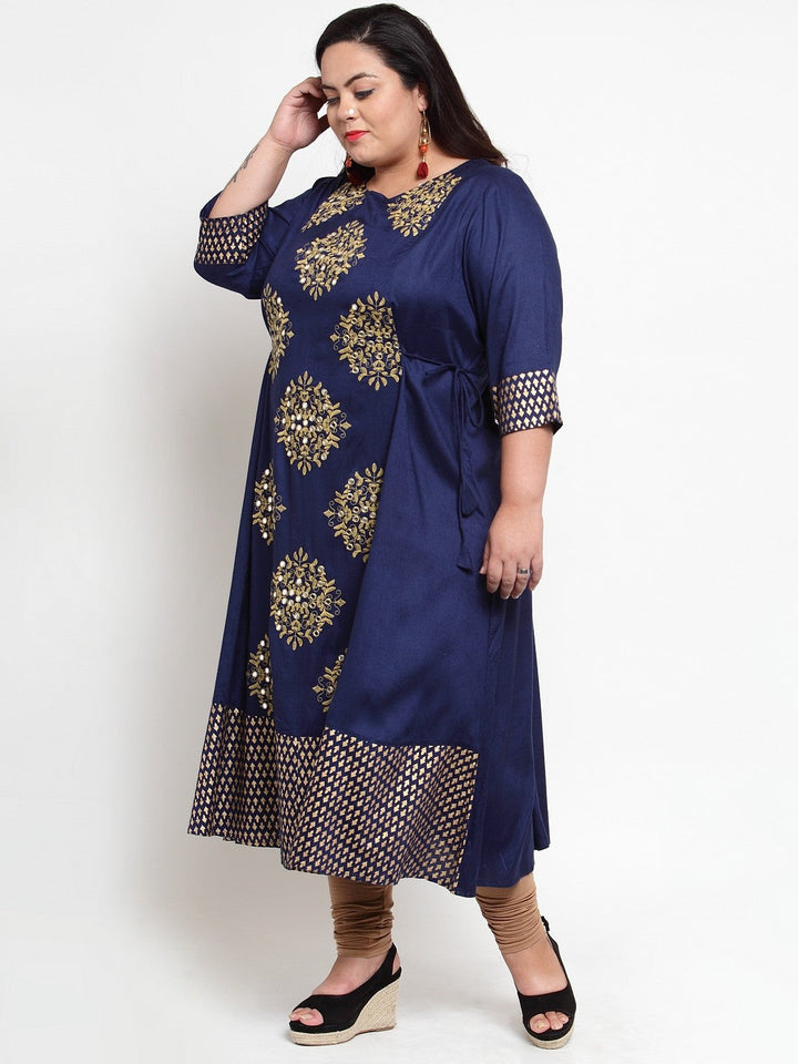 plusS Women Navy Blue Embroidered A-Line Kurta