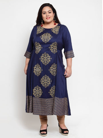 plusS Women Navy Blue Embroidered A-Line Kurta