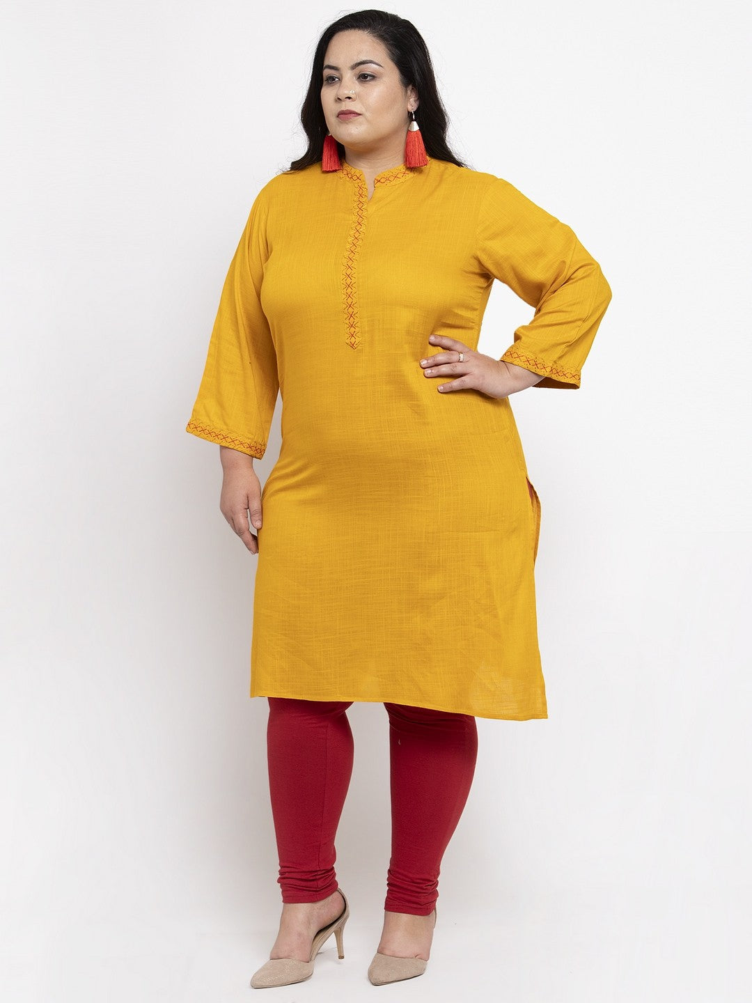 plusS Women Mustard Yellow Solid Straight Kurta