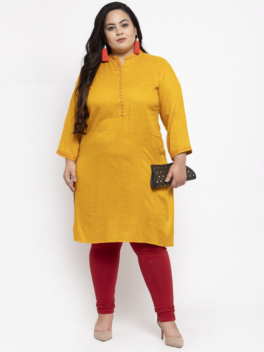 plusS Women Mustard Yellow Solid Straight Kurta