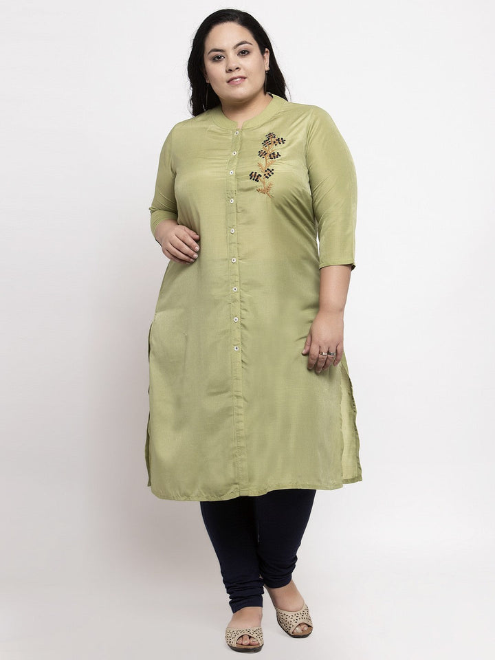 Olive Green Embroidered A-Line Kurta