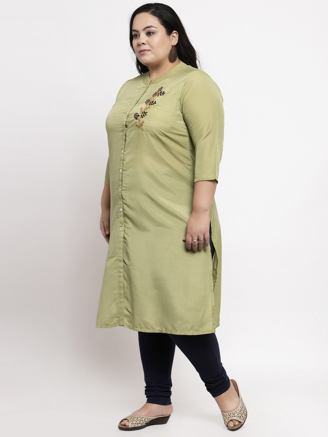 Olive Green Embroidered A-Line Kurta