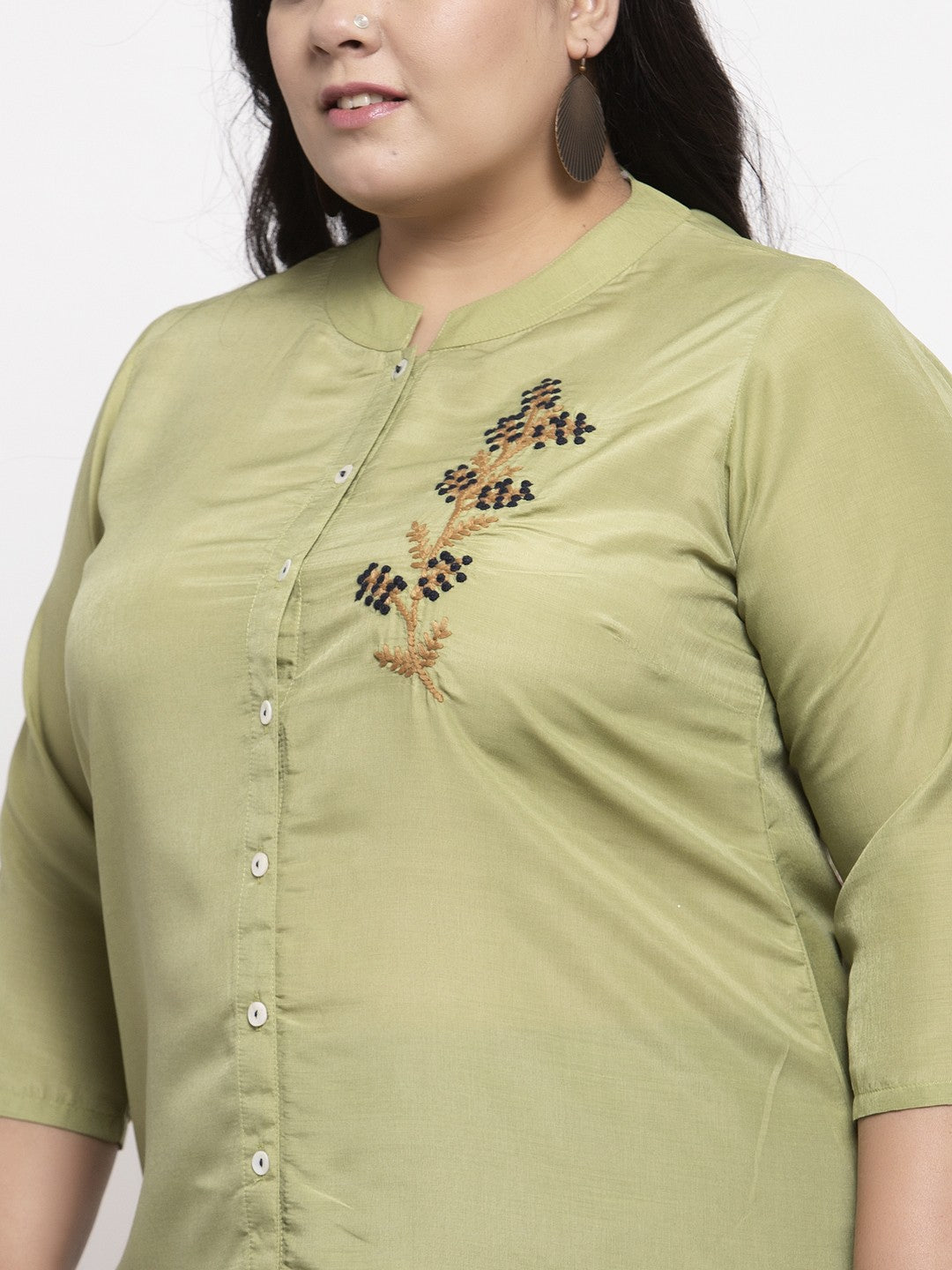 Olive Green Embroidered A-Line Kurta