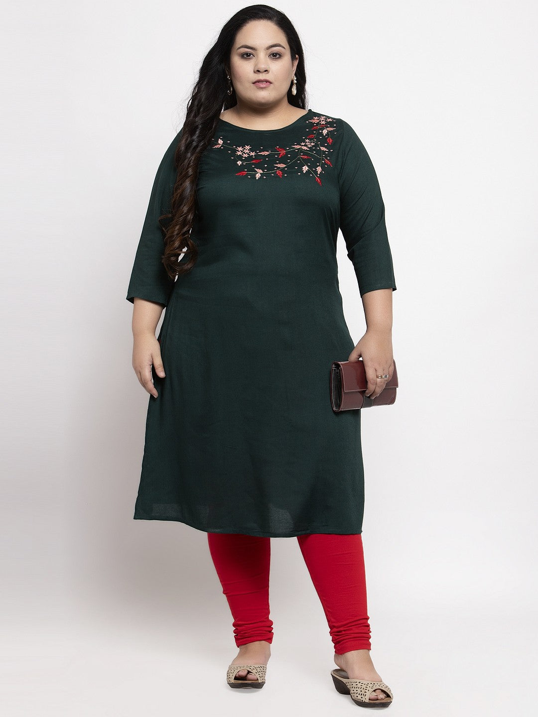 Green Embroidered A-Line Kurta