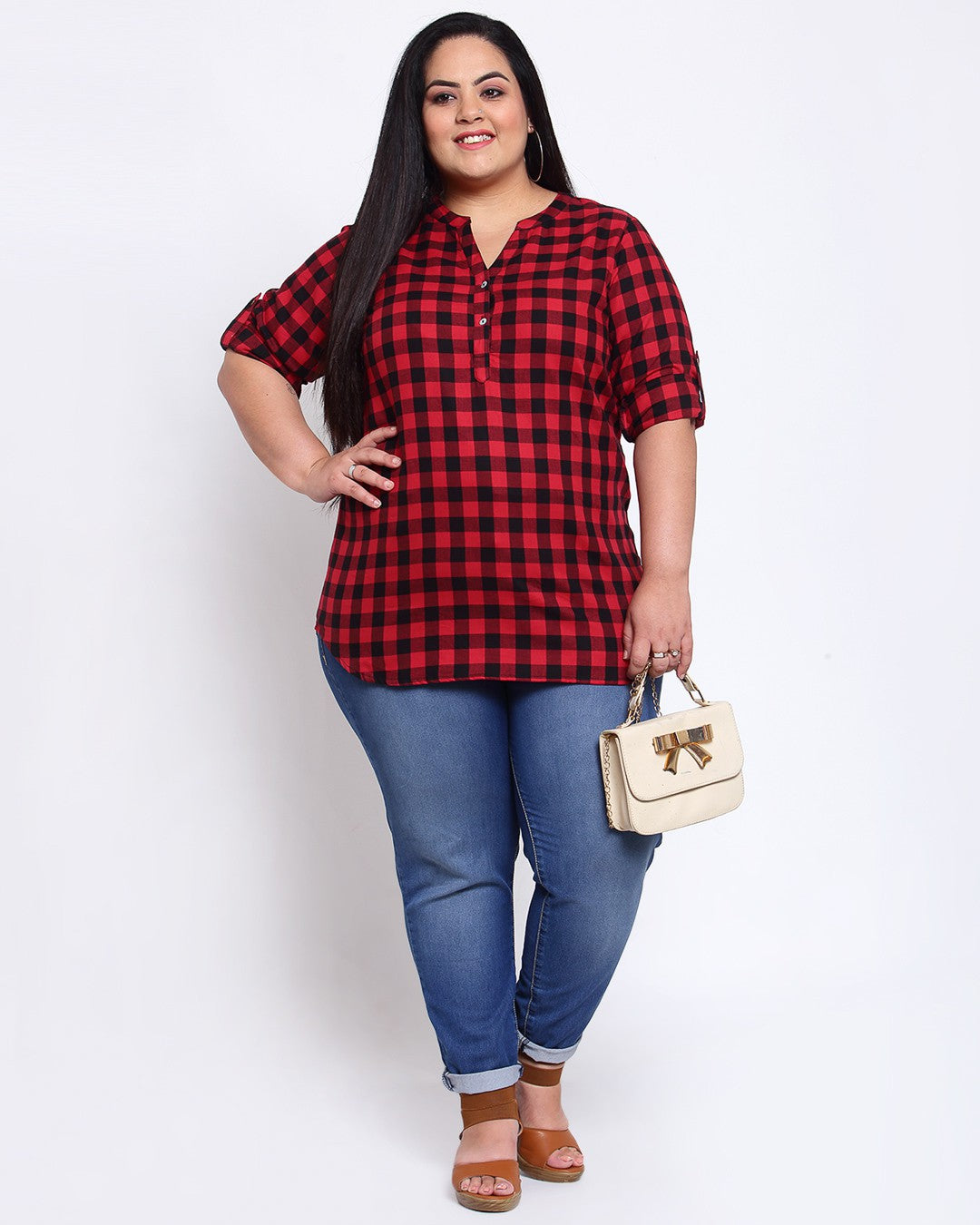 plusS Red Checked Shirt Style Top