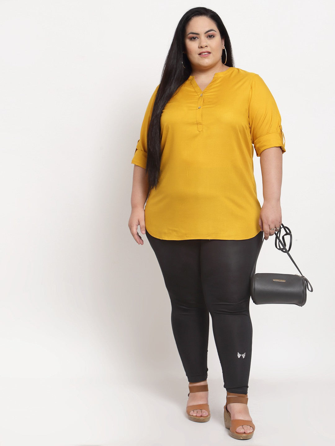 plusS Mustard Yellow Mandarin Collar Top