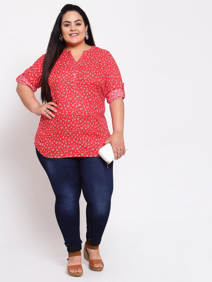 plusS Red Floral Mandarin Collar Regular Top