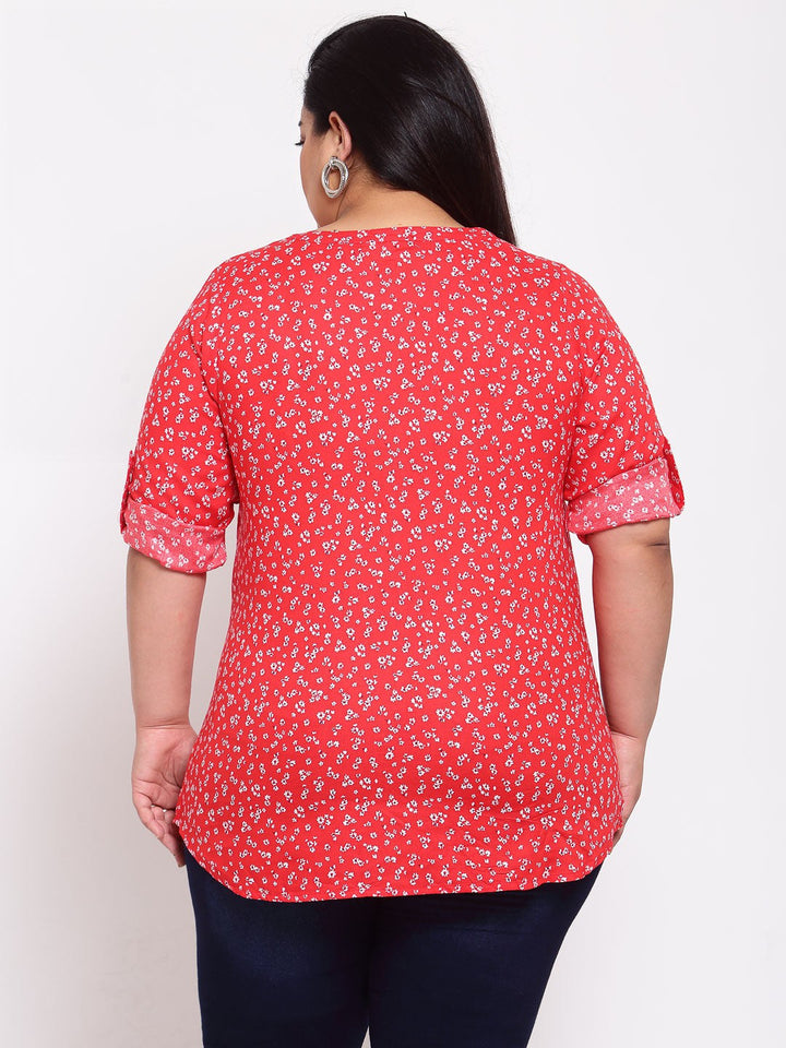 plusS Red Floral Mandarin Collar Regular Top